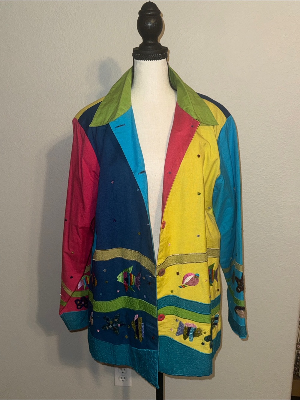 Quacker Factory Bright Multicolor Embroidered Colorblock Blazer - Green Collar